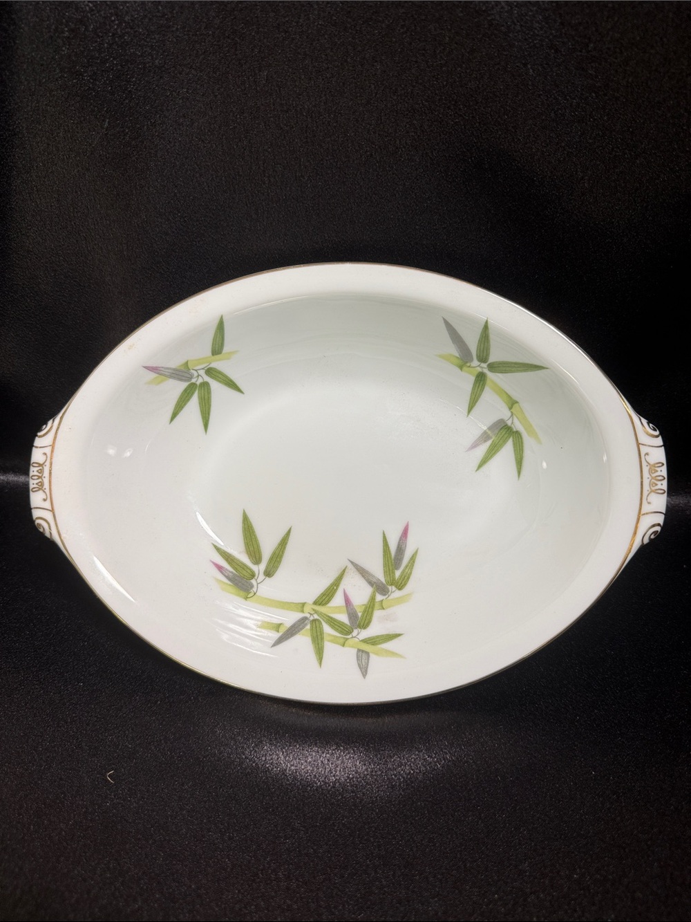 Porcelain Serving Bowl with Green Bamboo Pattern - Unbranded